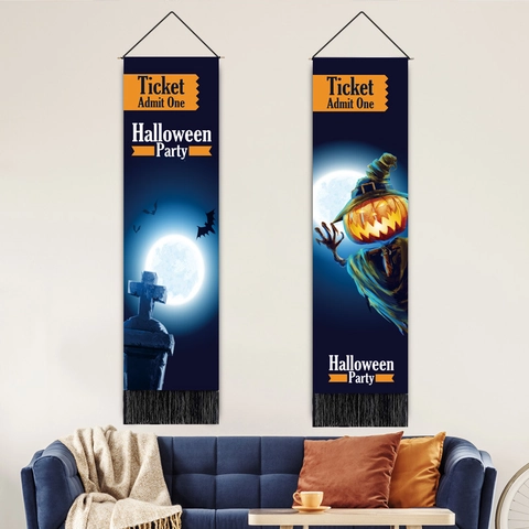 Halloween Hanging Tapestry Scroll Polyester Cotton Fringed Tassel Vertical Banner Pumpkin Scarecrow Horror Party Home Wall Decor