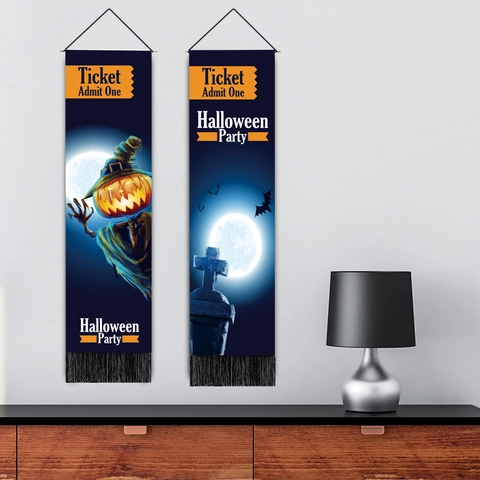 Halloween Hanging Tapestry Scroll Polyester Cotton Fringed Tassel Vertical Banner Pumpkin Scarecrow Horror Party Home Wall Decor