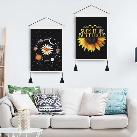 Arazzo Nero Nordico Con Nappine Asta In Legno Stampa Girasole Luna Stella Decorazione Murale Per Soggiorno Di Casa