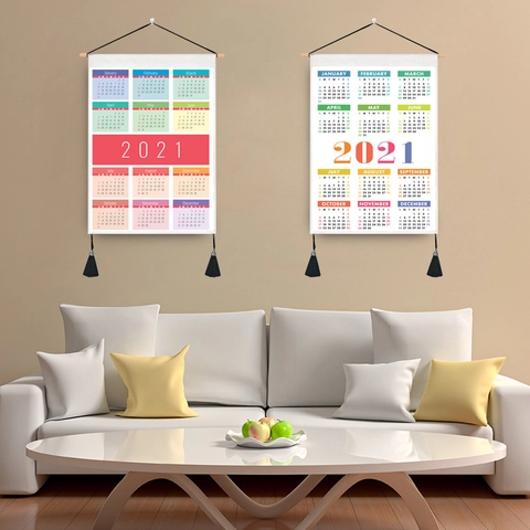 Minimalist 2021 Wall Hanging Calendar Polyester Cotton Fabric Tapestry With Wooden Pole And Tassels For Home Bedroom Decor Modern Nordic Cloth Wall Art