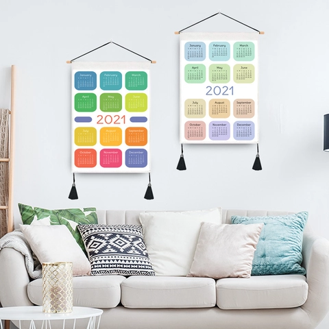 Minimalist 2021 Wall Hanging Calendar Polyester Cotton Fabric Tapestry With Wooden Pole And Tassels For Home Bedroom Decor Modern Nordic Cloth Wall Art