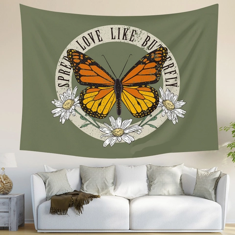 Tapiz De Pared Mariposa Tela Cepillada De Poliéster Arte Bohemio Floral Fase Lunar Decoración Para Dormitorio Dormitorio
