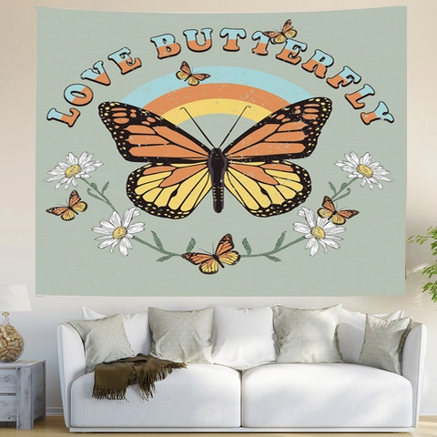 Tapiz De Pared Mariposa Tela Cepillada De Poliéster Arte Bohemio Floral Fase Lunar Decoración Para Dormitorio Dormitorio