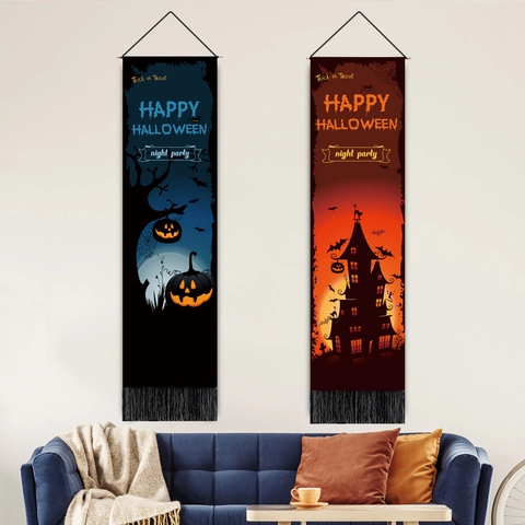 Halloween Wandkleed Banner Polyester Katoen Kwastje Verticale Vlag Pompoen Kasteel Heksenketel Feestdecoratie Huis Wandkunst