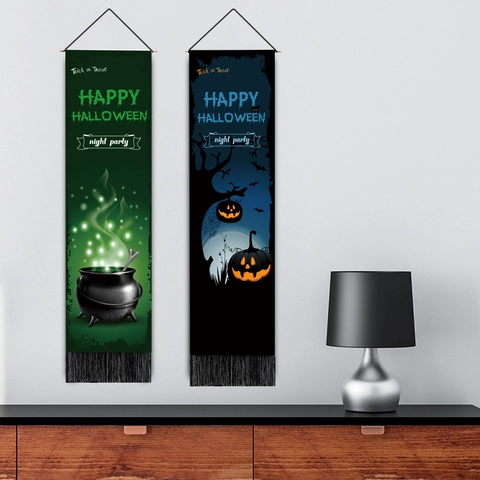 Halloween Wandkleed Banner Polyester Katoen Kwastje Verticale Vlag Pompoen Kasteel Heksenketel Feestdecoratie Huis Wandkunst