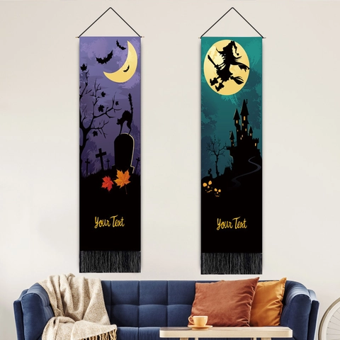 Halloween Wall Hanging Tapestry Cotton Polyester Vertical Banner Tassel Decor Ghost Pumpkin Witch Print Party Decoration
