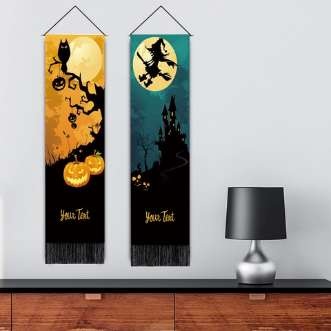 Halloween Wall Hanging Tapestry Cotton Polyester Vertical Banner Tassel Decor Ghost Pumpkin Witch Print Party Decoration