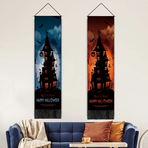 Halloween Banner Zum Aufhängen Polyester Baumwolle Wandteppich Mit Quasten Und Holzstab Vertikal Schloss Kürbis Wanddeko