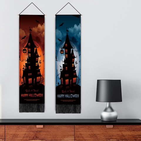 Halloween Banner Zum Aufhängen Polyester Baumwolle Wandteppich Mit Quasten Und Holzstab Vertikal Schloss Kürbis Wanddeko