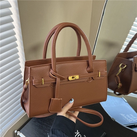Women Handbag Lychee Pattern PU Leather Crossbody Bag Gold Lock Top Handle Elegant Retro Commuting Fashion Shoulder Bag