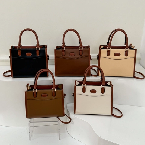Bolso Tote de Cuero PU Retro para Mujer Bolso de Mano Cuadrado Bloques de Color Bandolera Con Correa Ajustable para Diario