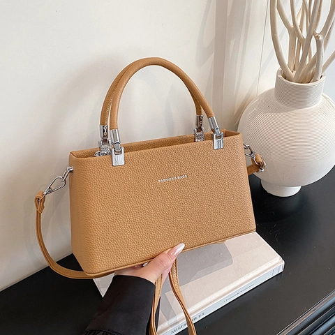 Women Crossbody Bag PU Leather Litchi Pattern Top Handle Silver Hardware Fashion Square Handbag Casual Daily