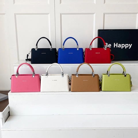 Women Crossbody Bag PU Leather Litchi Pattern Top Handle Silver Hardware Fashion Square Handbag Casual Daily