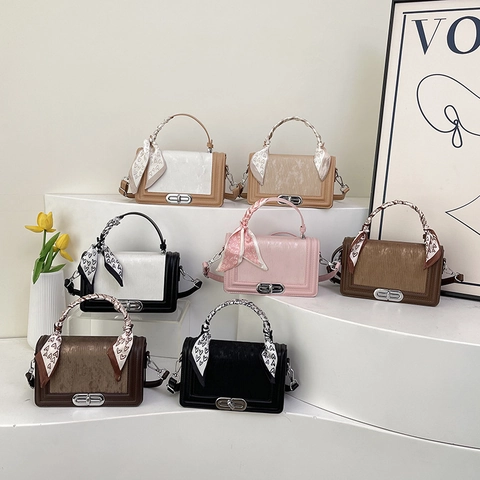 Dames Mode PU Leer Crossbody Tas Elegant Kleurblok Kleine Vierkante Handtas Met Satijnen Sjaal Handvat Schoudertas