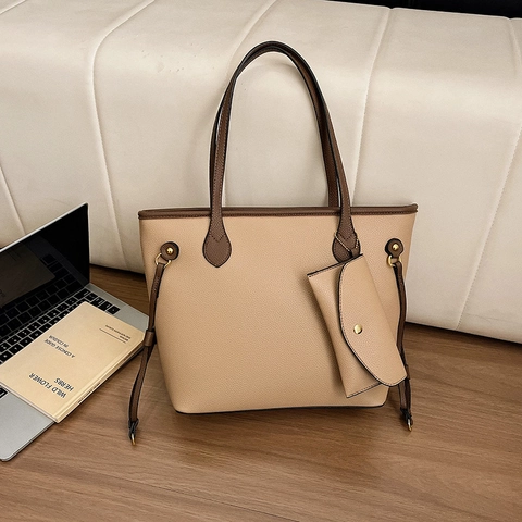 Large Capacity Tote Bag And Pouch PU Leather Lychee Grain Retro Minimalist Handbag Shoulder Bag For Women