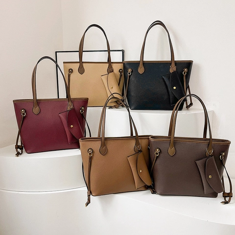 Large Capacity Tote Bag And Pouch PU Leather Lychee Grain Retro Minimalist Handbag Shoulder Bag For Women