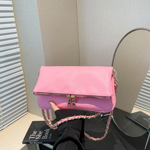 Fashion PU Leather Crossbody Bag For Women With Dual Zipper Decoration Gold Chain Shoulder Strap Small Square Daily Purse