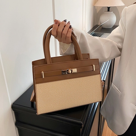 Patchwork PU Leather And Fabric Crossbody Handbag With Golden Twist Lock Vintage Elegant Top Handle Tote Bag For Women