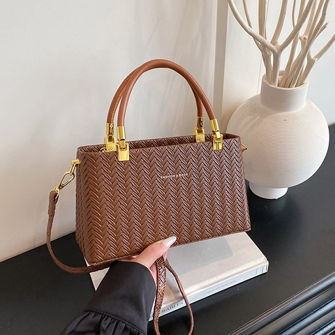 Women Crossbody Bag PU Leather Woven Texture Vintage Small Square Box Handbag Golden Hardware Elegant Casual Travel