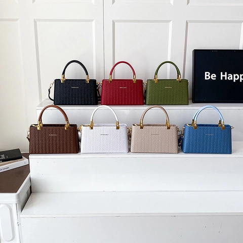 Women Crossbody Bag PU Leather Woven Texture Vintage Small Square Box Handbag Golden Hardware Elegant Casual Travel