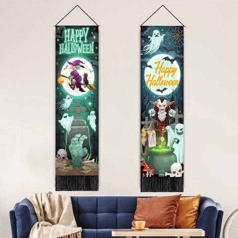 Halloween Wall Tapestry Vertical Hanging Flag Polyester Cotton With Tassels Ghost Witch Decorative Banner For Party
