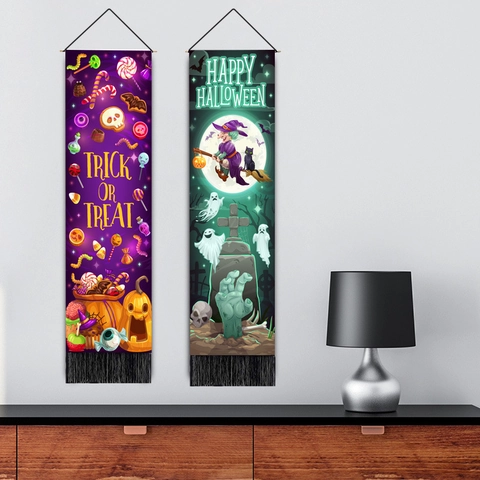 Halloween Wall Tapestry Vertical Hanging Flag Polyester Cotton With Tassels Ghost Witch Decorative Banner For Party