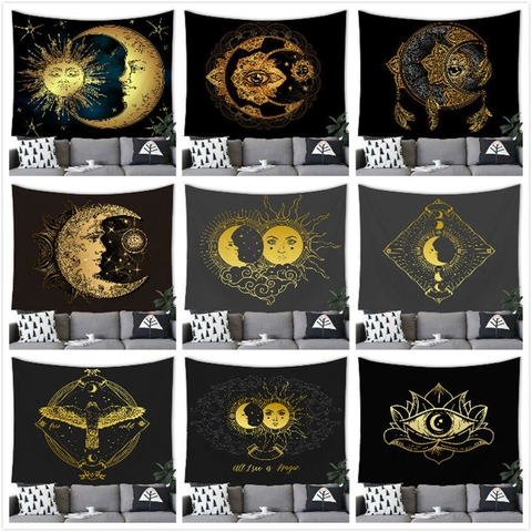 Tapiz Bohemio Místico Sol Luna de Poliéster Colgante de Pared Estilo Tarot Celestial Negro Dorado Decoración del Hogar para Sala de Estar