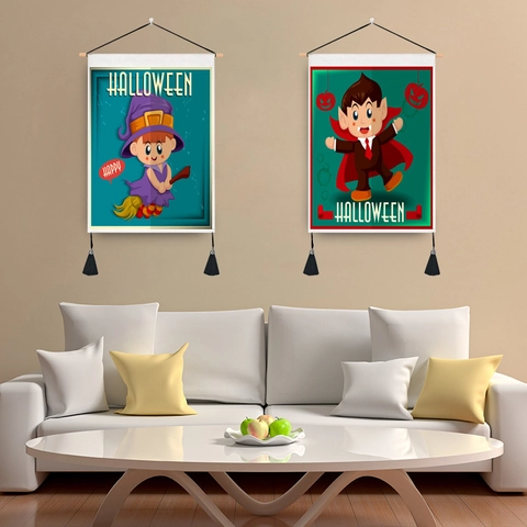 Tapiz de Dibujos Animados de Halloween Algodón Poliéster Colgante de Pared Con Poste de Madera Borla Calabaza Fantasma Bruja Decoración de Fiesta