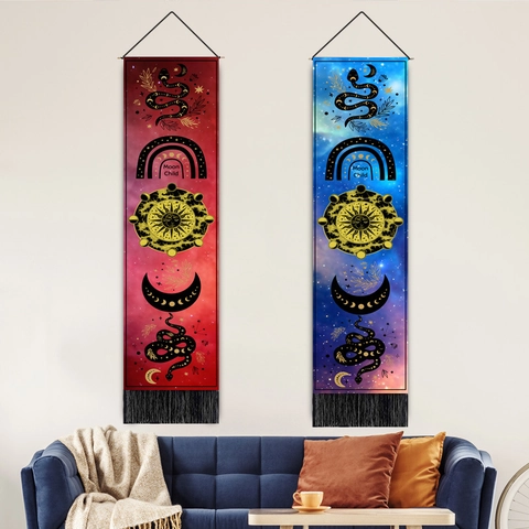 Wall Tapestry Mystical Moon Sun Snake Print Polyester Cotton Hanging Painting With Wood Rod Tassel Decor Bohemian Celestial