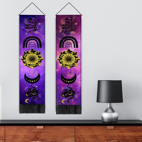 Wall Tapestry Mystical Moon Sun Snake Print Polyester Cotton Hanging Painting With Wood Rod Tassel Decor Bohemian Celestial