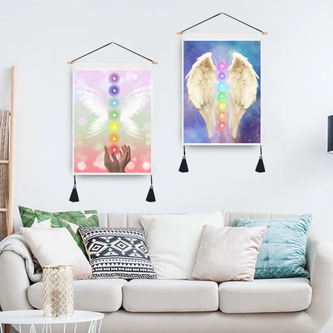 Arazzo Da Parete Centri Energetici Chakra Con Asta In Legno E Nappine Decorazione Artistica Meditazione Spirituale
