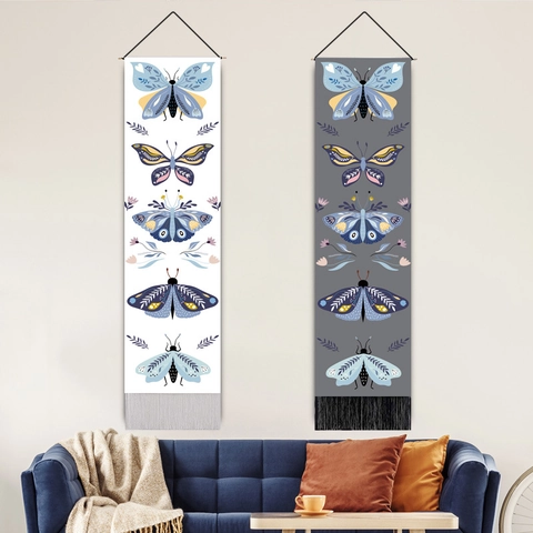 Vertical Hanging Tapestry Butterfly Insect Pattern Cotton Linen Wall Art Tassels Wood Rod Nordic Boho Home Decor