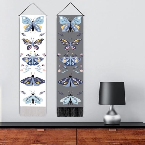 Vertical Hanging Tapestry Butterfly Insect Pattern Cotton Linen Wall Art Tassels Wood Rod Nordic Boho Home Decor