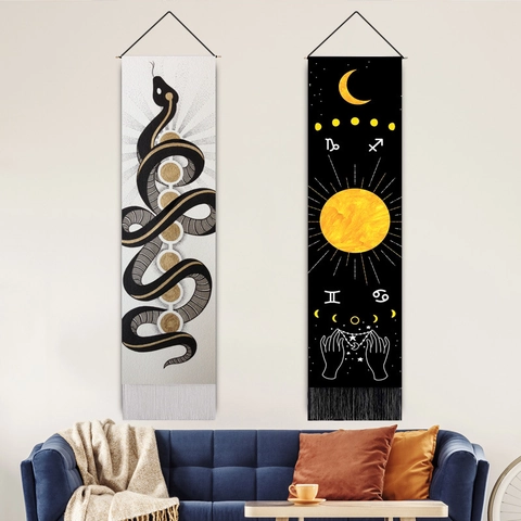 Wall Hanging Tapestry Snake Moon Phase Astrology Mystical Sacred Geometry Decorative Tassel Art Polyester Cotton Scroll