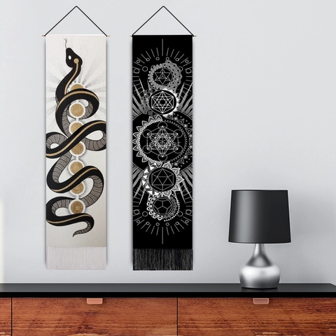 Wall Hanging Tapestry Snake Moon Phase Astrology Mystical Sacred Geometry Decorative Tassel Art Polyester Cotton Scroll