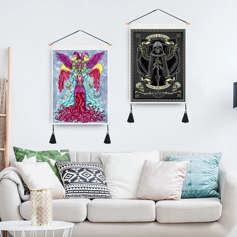 Gotisch Skelet Dood Zwaard Wandtapijt Polyester Katoen Houten Rol Met Kwast Donkere Kunst Mysterie Huisdecoratie