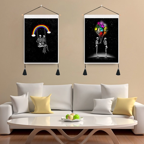 Gothic Skeleton Tapestry Wall Hanging Black And White Moon Star Skeleton Art Print With Wood Frame And Tassels For Home Decor