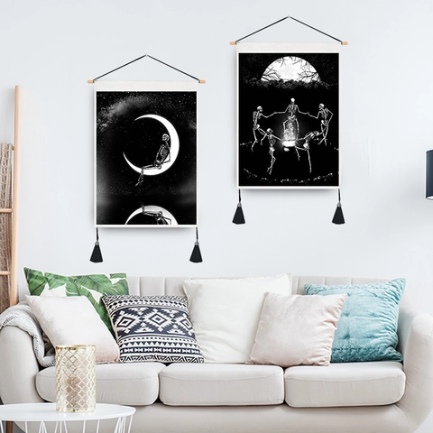 Gothic Skeleton Tapestry Wall Hanging Black And White Moon Star Skeleton Art Print With Wood Frame And Tassels For Home Decor