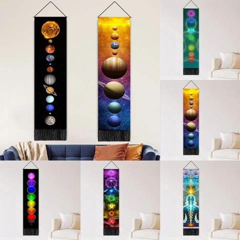 Solar System Planet Chakra Hanging Scroll Polyester Cotton Tapestry With Tassel Nordic Vertical Decorative Wall Painting