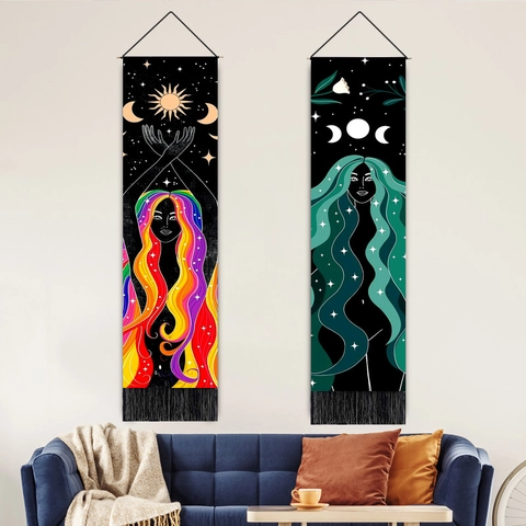 Boho Tapestry Wall Hanging Polyester Cotton With Wood Pole Tassel Mystic Moon Phase Starry Sky Goddess Pattern Home Decor