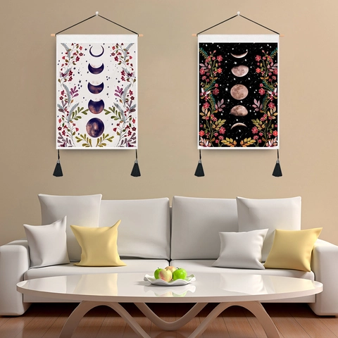 Moon Phase Floral Tapestry Wall Hanging Polyester Cotton With Wooden Pole And Tassels Bohemian Art Decor