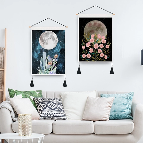 Moon Phase Floral Tapestry Wall Hanging Polyester Cotton With Wooden Pole And Tassels Bohemian Art Decor