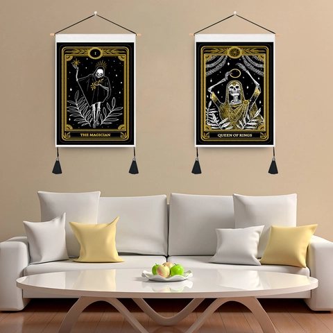 Tarot Tapestry Wall Hanging Gothic Skull Mysterious Occult Polyester Cotton With Wood Rod And Tassels Home Decor