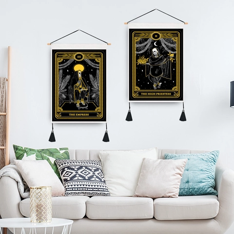 Tarot Tapestry Wall Hanging Gothic Skull Mysterious Occult Polyester Cotton With Wood Rod And Tassels Home Decor
