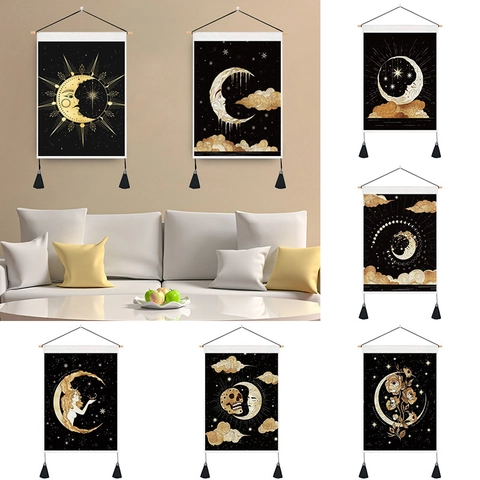 Mystic Sun Moon Star Wall Tapestry With Wood Pole Tassels Celestial Fabric Wall Art Decor For Home Bedroom Living Room