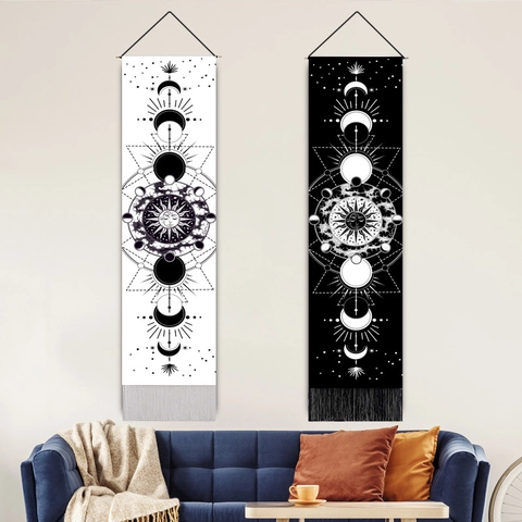 Wandbehang Tapisserie Mystische Sonne Mond Finsternis Muster Polyester Mischgewebe Mit Quasten Holzstab Boho Dekor