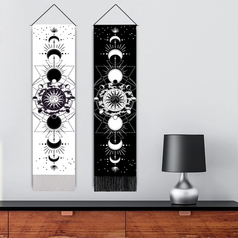 Wandbehang Tapisserie Mystische Sonne Mond Finsternis Muster Polyester Mischgewebe Mit Quasten Holzstab Boho Dekor