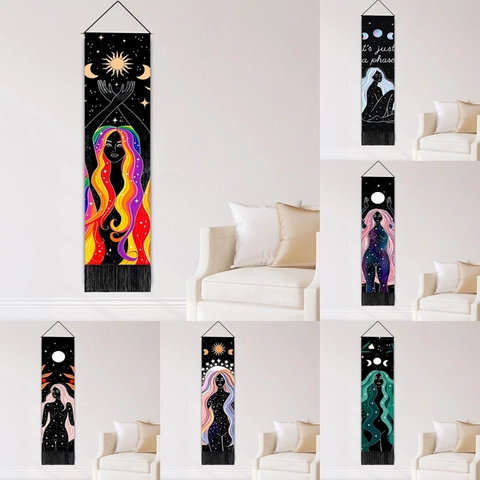 Boho Tapestry Wall Hanging Polyester Cotton With Wood Pole Tassel Mystic Moon Phase Starry Sky Goddess Pattern Home Decor