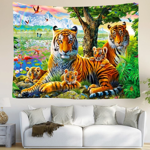 Tapiz De Pared Tigre Selva Tropical Colgante De Pared Poliéster Tela Cepillada Paisaje Naturaleza Vintage Decoración Salón