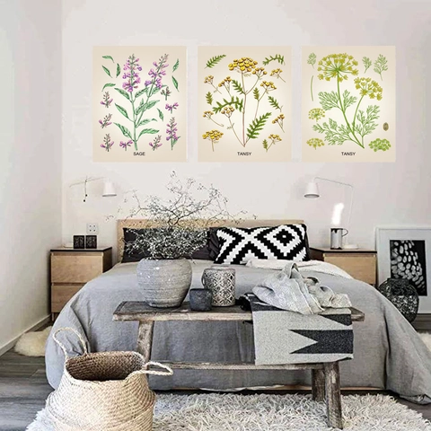 Vintage Botanische Wandtapijten Polyester Katoen Mix Wetenschappelijke Illustratie Tansy Salie Florale Kunst